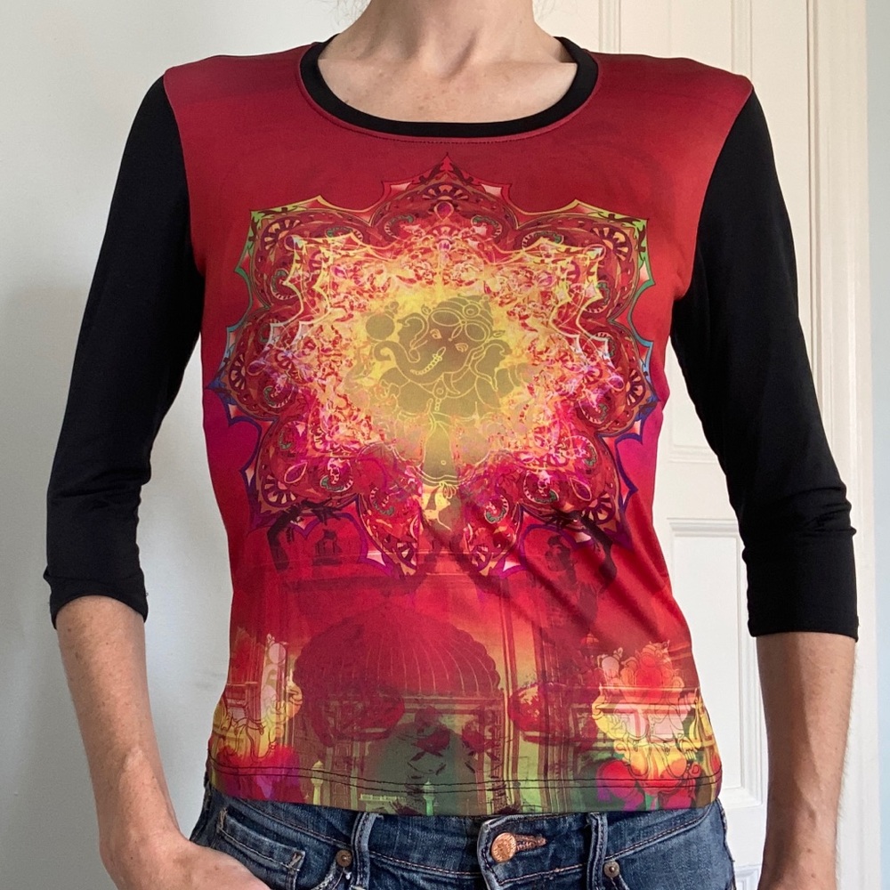 Vibrant Ganesha 3/4 length sleeve polyester tee S